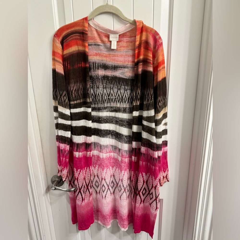 Chicos Size 2 (12/14) Multicolor Abstract Print Lightweight Cardigan